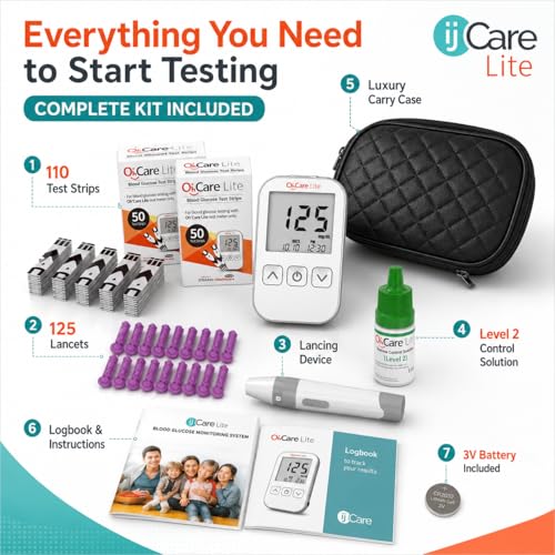 Oh’Care Lite Blood Sugar Test Kit – Blood Glucose Meter with Strips and Lancets, Lancing Device, Log