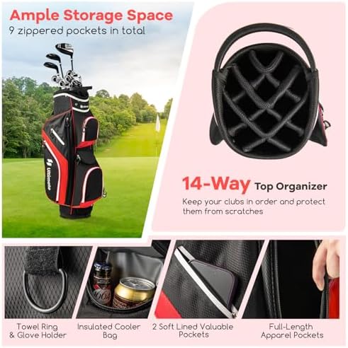 ULTIMATE Golf Cart Bag with 14-Way Top Dividers, Golf Club Bag w/ 9 Pockets incl. Cooler Bag, Rain Hood/Dust Cover, Detachable Shoulder Strap & Carry Handles, Lightweight for Men & Women