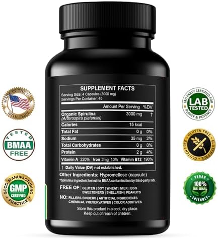 Spirulina Powder Capsules 3000 mg - Purest Non-Irradiated Blue Green Algae - Best Raw Vegan Protein - Green Superfood - Natural Multivitamins –