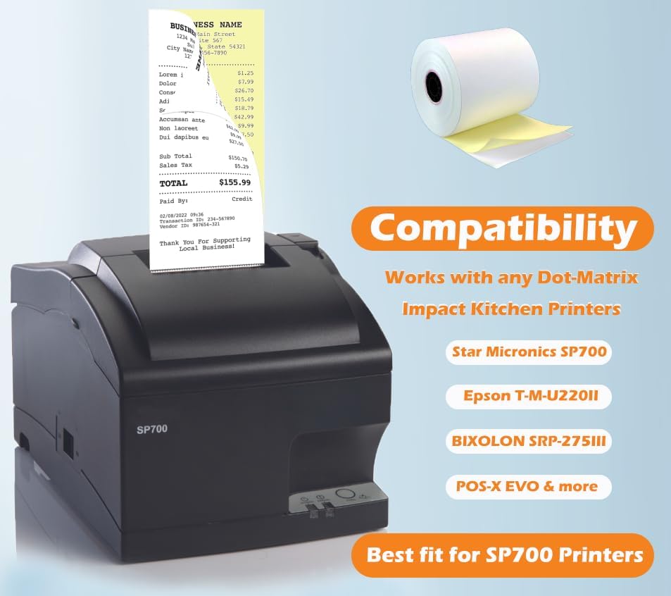 (10 Rolls - 50 GSM) 3'' x 95' White/Canary 2 Ply Carbonless Kitchen Printer Paper Cash Register Receipt Rolls for Star Micronics SP2000, UP389 VeriFone Omni 480, Printer 220, 250, 900 TMU 220