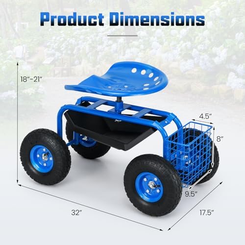Giantex Rolling Garden Work Seat, 360 Swivel Gardening Workseat with Wheels, Tool Basket, Adjustable Height, Outdoor Scooter for Sitting, Gardening Stool Chair for Planting Trimming, Red