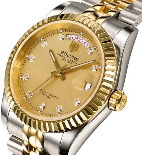 41MM Men's Gold Plated Stainless Steel Waterproof Quartz Watch Luxury Wristwatch with Date Week Display