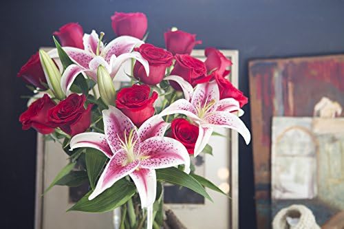 KaBloom-6 Red Rose&3 Pink Lily Bouquet,Flowers for Valentine, Mother's Day