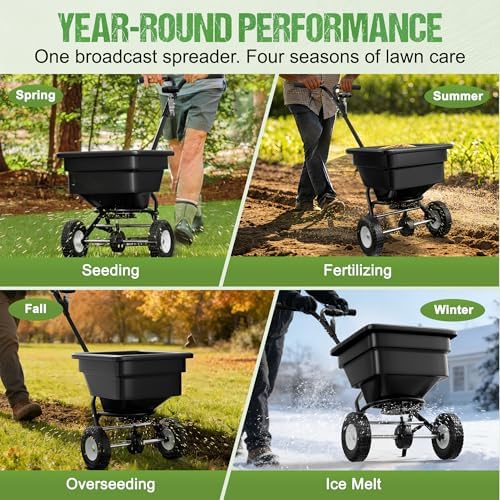PPOLB Broadcast Spreader for Lawns, 50LB Fertilizer Spreader with 30-Level Flow Control, Walk Behind Lawn Seed & Salt Spreader, 0–10FT Coverage, Hopper Screen, Rain Cover, 12" Pneumatic Wheels