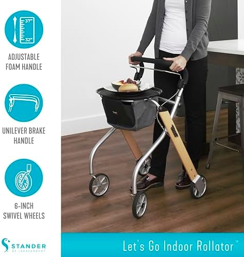 Stander Let’s Go Indoor Rollator, Lightweight Four Wheel Euro Style Walker with Tray, Folding Mobility Aid for Seniors by Trust Care, Silver