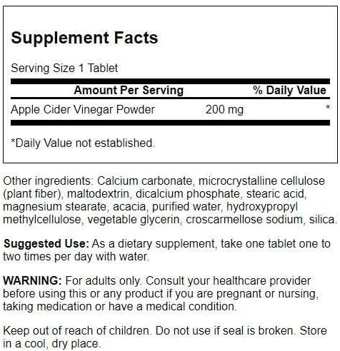 Swanson Double-Strength Apple Cider Vinegar 200 mg, 30 Tablets | Double-Strength Apple Cider Vinegar Acts as a High-Powered System Cleanser in Convenient, Travel-Friendly Tablets
