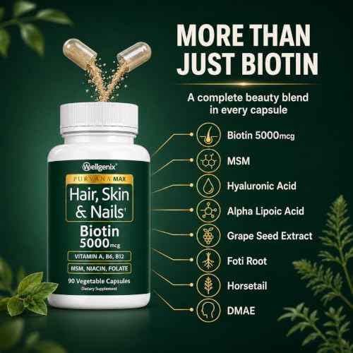 Wellgenix Purvana MAX Hair Skin & Nails Vitamins, Biotin 5000mcg, 90 Count | Biotin, MSM & hyaluronic acid in vegetable capsules for thicker