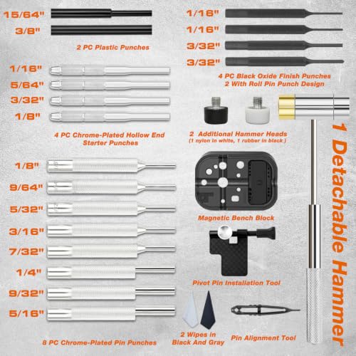 BESTNULE 24pc Punch Set and Hammer, Roll Pin Punch Set & Tweezers & Wipes