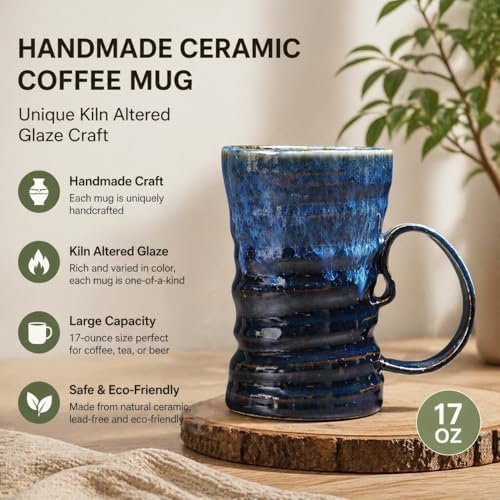17oz Large Unique Cool Tall Handmade Ceramic Coffee Mug with Comfortable Big handle, Big Pottery Tea Mug, Artisanal Stoneware Coffee cup