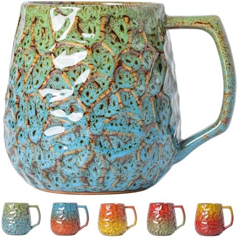 18oz Unique Kiln-Change Ceramic Coffee Mug, Handcrafted Hammered Texture Ceramic Mug with Ergonomic Handle, Microwave & Dishwasher Safe