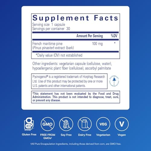 Pure Encapsulations Pycnogenol 100 mg | Hypoallergenic Supplement to Promote Vascular Health and Provide Antioxidant Support* | 60 Capsules | Hypoallergenic Supplement to Support Vascular Health and Provide Antioxidant Support*