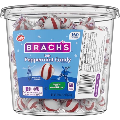 Brach's Sweet Stripes Soft Peppermint Candy, Individually Wrapped, 350 Ct | Melt-away soft peppermint mints, red & white, real peppermint oil, individually wrapped, party, candy dish