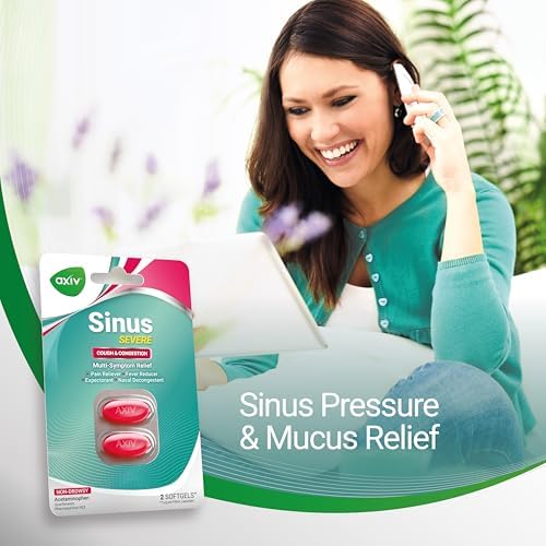 AXIV Sinus Severe + Mucus Relief, Non-Drowsy, Loosens Mucus, Maximum Strength Relief of Pain, Pressure, Congestion, & Headache Ease, 24 Softgels.