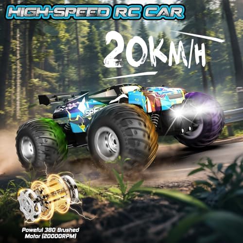 Rcjoyou Remote Control Car, 2WD Off-Road Rc Truck, 20 KM/H All-Terrain RC Cars with Headlights & Body Lights, 2.4GHz, 2 Batteries
