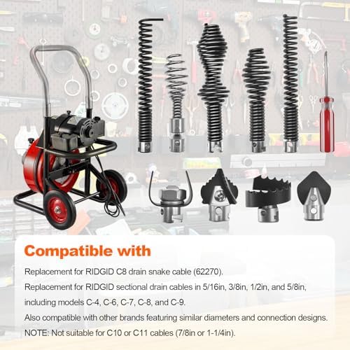 10Pcs Drain Snake Drill Attachment, Compatible with K-400, C-4, C-6, C-7, C-8, C-9, Drain Auger Cutter Kit for 5/8" Drain Snake Cable Heads Tips