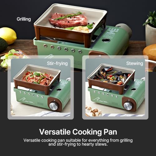 Kovea Guibada Mini Portable Gas Stove KGG-1805EM, All-in-One Camping Cookware with Grill Pan, Pot Support, and Versatile Serving Lid
