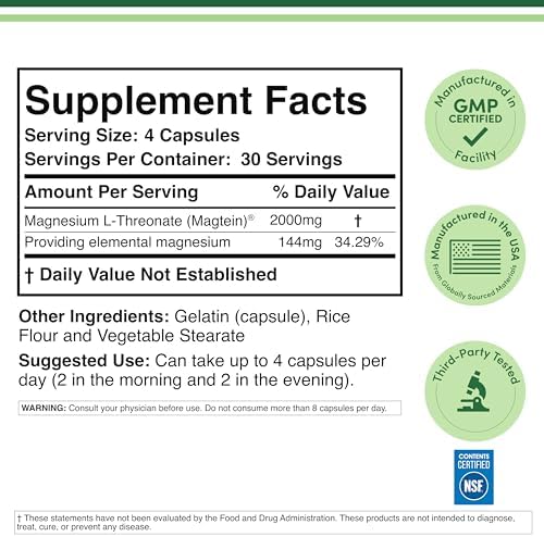 Magnesium L-Threonate 2,000mg Magtein, Natural Sleep Support, 120 Capsules | Cognitive Function, Neurological Health, Sleep + Memory Support, 90-Day Supply, MIT Patented Magtein Form, Third-Party Tested