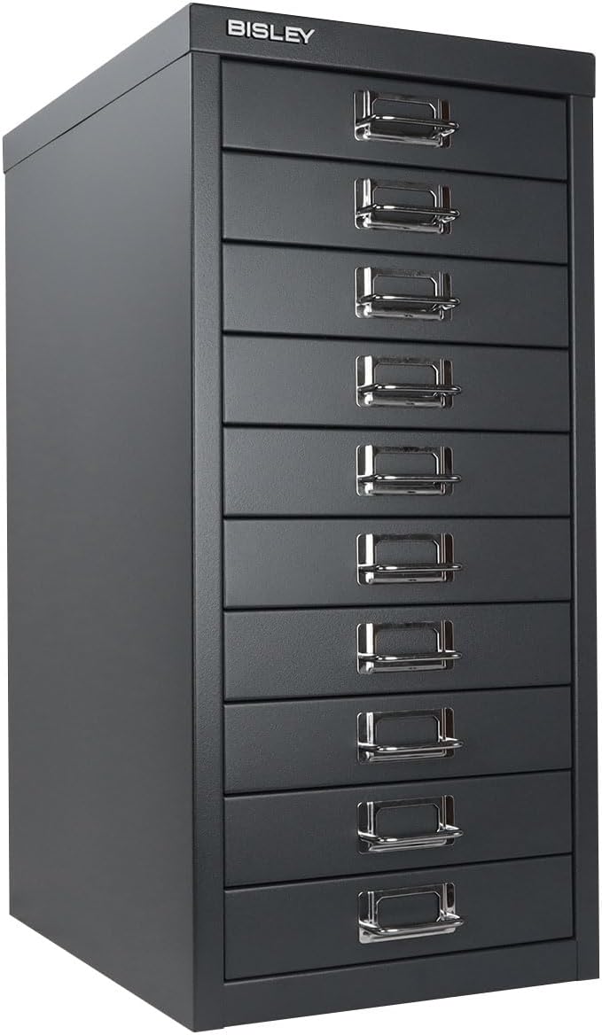5-Drawer Steel MultiDrawer Cabinet - Orange, by Bisley | Chrome Pull Handles with Label Holders, Powder-Coated Steel, Removable Drawers, Desktop Storage, Labels Included
