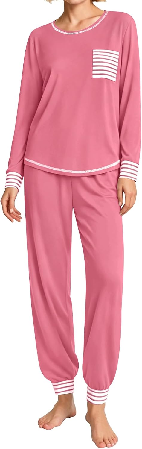 SWOMOG Women’s Pajamas Set Long Sleeve Sleepwear with Long Pants Soft Modal Loungewear Pj Set