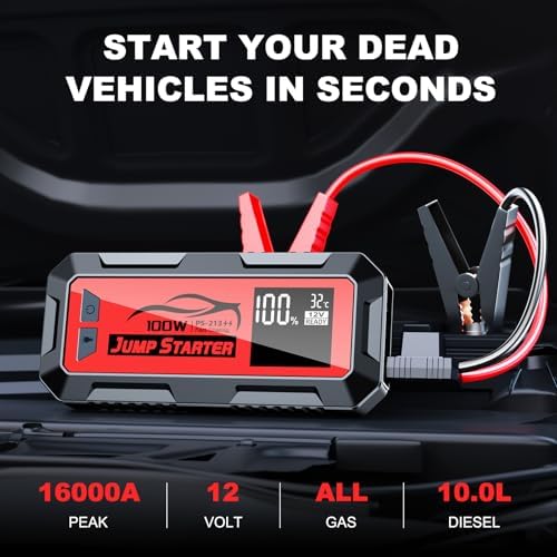 16000A Battery Jumper Starter Portable, PD 100W Output Power Bank, 12V Car Starter Jump Box & Battery Booster for All Gas & Up to All Diesel Engines