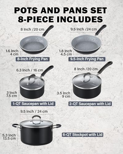 Cook N Home 8-Piece Nonstick Pot and Pan Set with Lid Induction Compatible | Cookware Set Includes Saucepan with Lid, Stockpot with Lid, Frying Pan, Kitchenware set Non Stick, Black