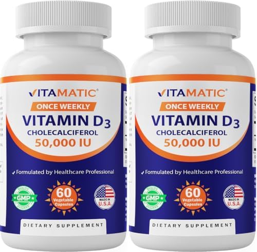 Vitamatic 2 Pack Vitamin D3 50, 000 IU (as Cholecalciferol), Once Weekly Dose, 1250 mcg, 60 Veggie Capsules 1 Year Supply