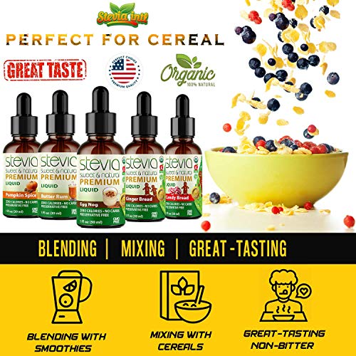 Stevia Intl - Holiday & Seasonal Special (Pack of 5). Premium Stevia Drops with 5 Flavors in Glass Bottles. 100% All-Natural Sweet, Non-Bitter