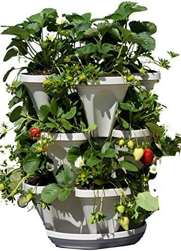 Mr. Stacky 3 Tier Stackable Herb Garden Planter Set with Bottom Saucer - Stone Color - Vertical Container Pots for Herbs, Strawberries, Flowers