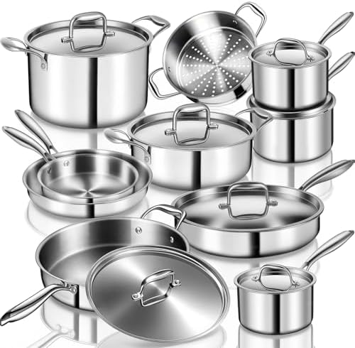 EWFEN Stainless Steel Cookware Set, 3 Ply 17 Piece Stainless Steel Pot and Pan Set, Oven Dishwasher Safe | Induction Compatible Frying Pans, Saucepans