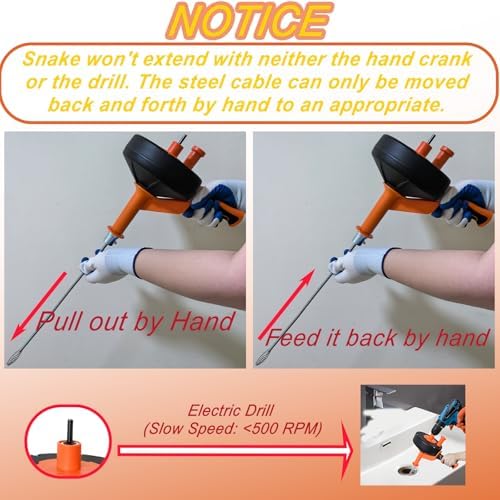 50FT Drain Auger with Drill Adapter, Manual or Powered Drain Snake | Plumbing Clog Remover, Flexible Cable, Manual Crank or Drill Operation