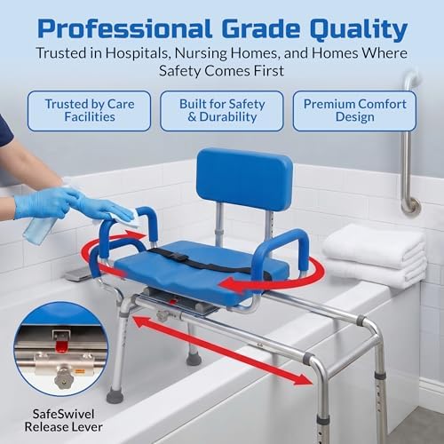 Carousel Sliding Shower Chair Tub Transfer Bench with Swivel Seat Elderly | Slide Safely In & Out of the Tub - Blue, padded seat, padded armrests, swivel seat, backrest, portable, tool-free assembly