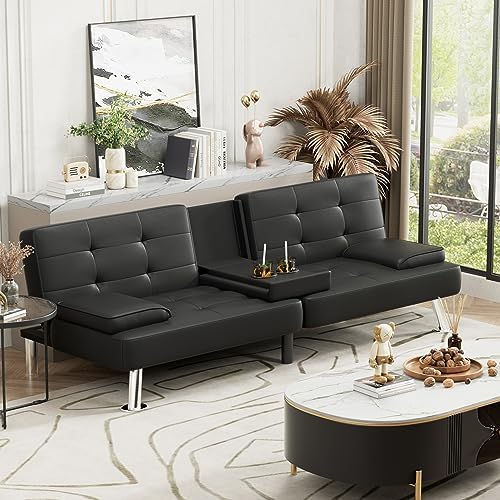 JUMMICO Faux Leather Futon Sofa Bed, Sleeper Sofa with Adjustable Backrest