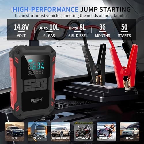 RSH Car Jump Starter with Air Compressor 4000A Peak Battery Jump Starter 14.8V, 150PSI Inflator Auto Booster 15000mAh Jump Box (up to 10L Gas