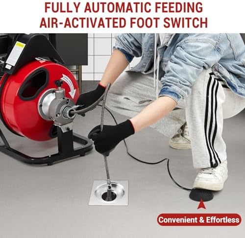 GarveeTech Auto Feed 100 ft x 3/8 in Drain Cleaner Machine with 250W Motor | Portable Sewer Snake Auger with 8 Cutters & Air-Activated Foot Switch, Fits 1 in to 4 in Pipes, Black & Red