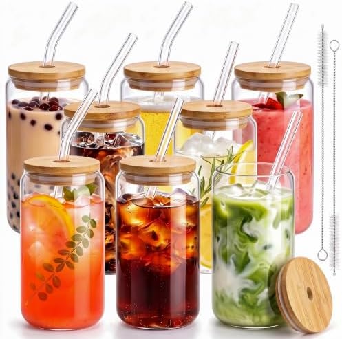 16 Oz Drinking Glasses - 8 Pcs Glass Cups with Bamboo Lids and Straws | Food-grade durable clear tumbler, Coffee bar accessories, Aesthetic gift