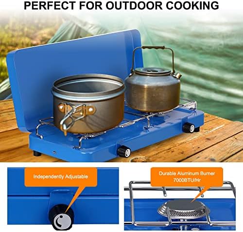 CAMPLUX 2 Burners & 1 Grill Propane Camping Stove, 15, 000 BTU Portable Outdoor Propane Camping Grill Burner with Free Standing Legs