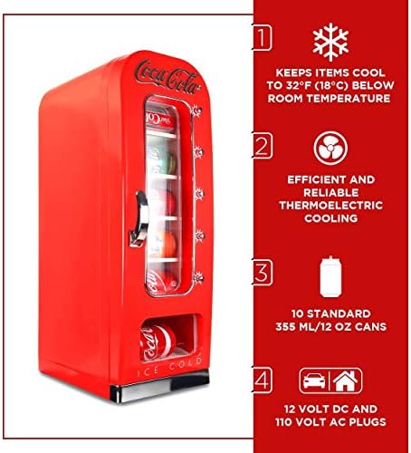 Coca-Cola AC/DC Retro Vending Electric Cooler with 10 Can Capacity - Beverage Vending Machine with Thermoelectric Cooling and Tall Window Display