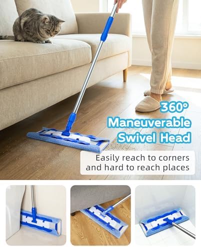 MR.SIGA Professional Microfiber Mop for Hardwood, Laminate Floor Cleaning | Stainless steel telescopic handle, 3 reusable microfiber flat mop refills and 1 dirt removal scrubber included