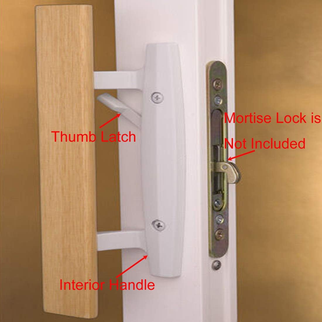 Mortise Style Reversible Sliding Patio Door Handle Set with Oak Wood Interior Handle and Exterior Pull in White Diecast Finish Fits 3-15/16” Screw