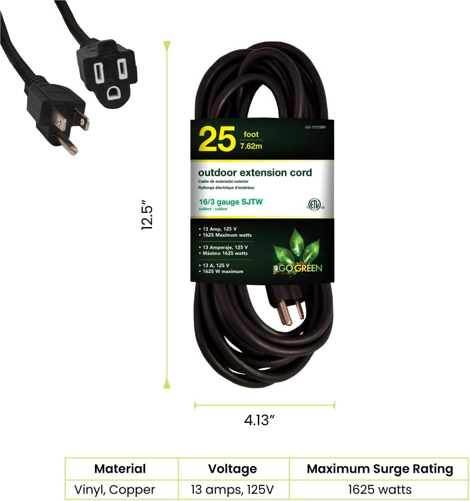 Go Green Power Inc. (GG-14025) 12/3 SJTW Outdoor Extension Cord, Lighted End, 25 ft