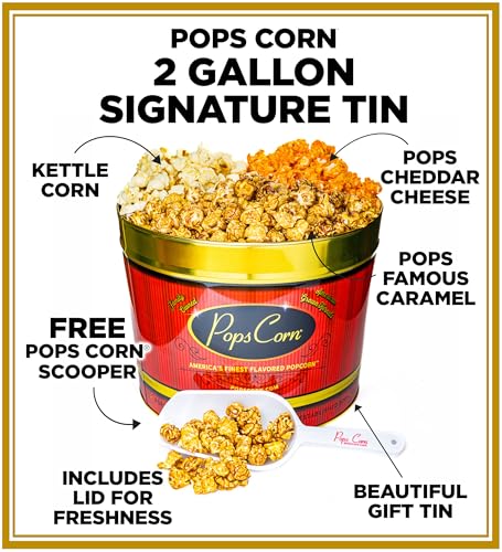 Gourmet Popcorn Gift Tin. Large 2 Gallon. 3 Amazing Flavors. Caramel, Cheese & Kettle Corn. Perfect for Mom, Dad, Coworkers, Secretary, Nurse