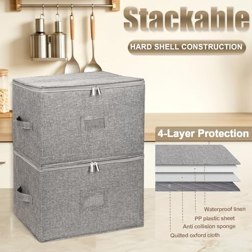4PCS China Storage Containers, Hard Shell Dish Storage Containers w/ Felt Dividers, Quilted Plate Storage Cases for 12 Place Setting Charger Plates Dinnerware, Stackable Moving Boxes for Dishes