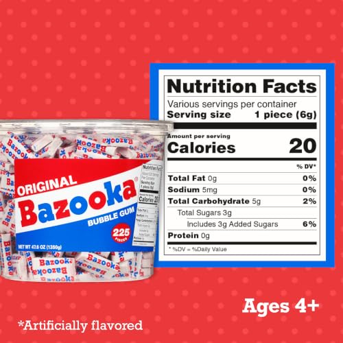 Bazooka Bubble Gum Bulk, 225 Count Tub of Chewing Gum | Individually Wrapped, Old Fashioned 90's Candy for Baseball, Party Favors, Goodie Bags