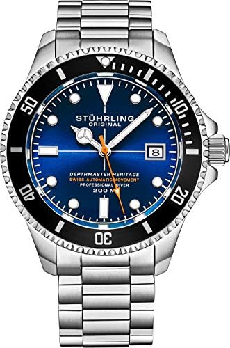 Stuhrling Original Mens Swiss Automatic Stainless Steel Professional DEPTHMASTER Dive Watch, 200 Meters Water Resistant