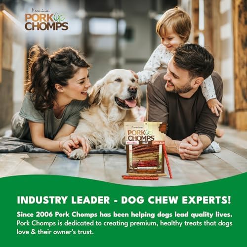 Pork Chomps Dog Chews, 5 in Munchy Sticks, Assorted Flavors, 50 Count | Oven-baked from real pork skin - a rawhide-free chew that's low in fat, high in protein, and easy to digest