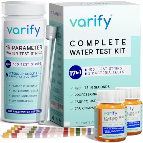 Varify 17in1 Complete Drinking Water Test Kit - 100 Strips + 2 Bacteria Tester Kits - Well, Tap, Home, City Water Testing Strip for Lead, Alkaline