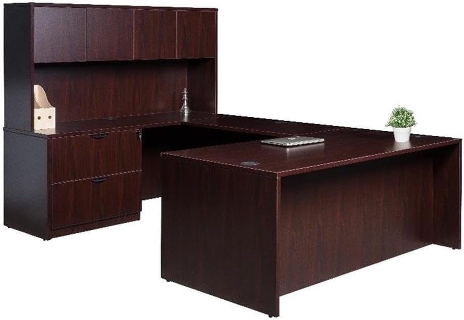 Boss Office Products Holland Executive U-Shape Desk with Lateral File Storage and Hutch, 66", Mocha
