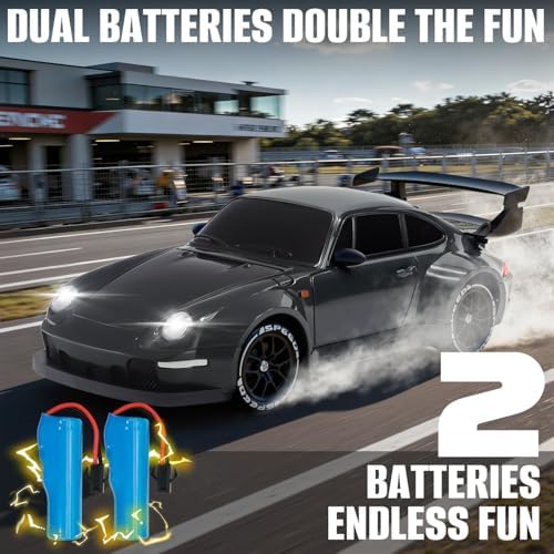RC Drift Car,1:24 Scale Remote Control Car, 2.4GHz 20KM/H 4WD High Speed RC Cars for Kids with LED Light, Two Batteries,Drifting Tires,Racing Vehicle Toy for Adults Boys Girls Gray