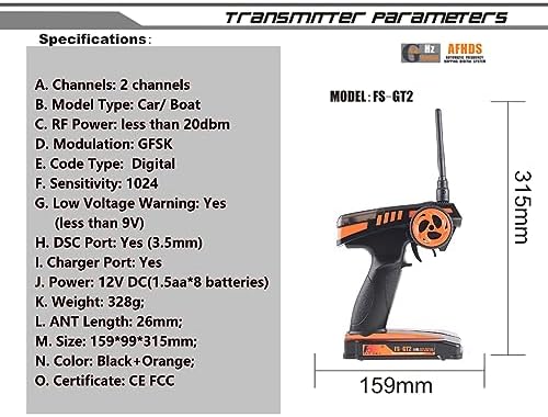 GoolRC Flysky FS-GT2 RC Transmitter with FS-GR3E Receiver, 2.4GHz 2 Channels Radio Controller and 3 Channels Receiver for RC Car Boat