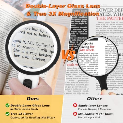 AIXPI Magnifying Glass with Light, Double-Layer Glass Lens Handheld Large Magnifying Glass 12 LED Lighted Magnifier for Seniors Reading, Coins